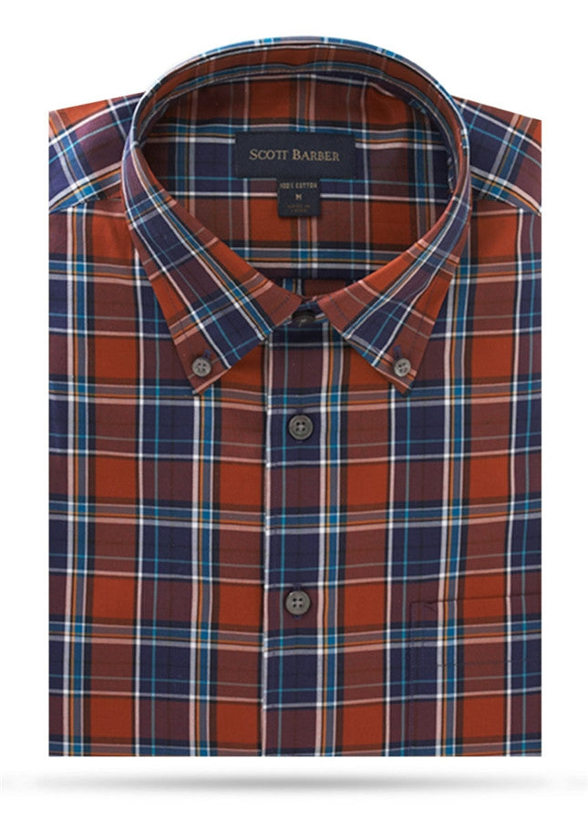 Navy, Rust, White & Gold Plaid Sport Shirt