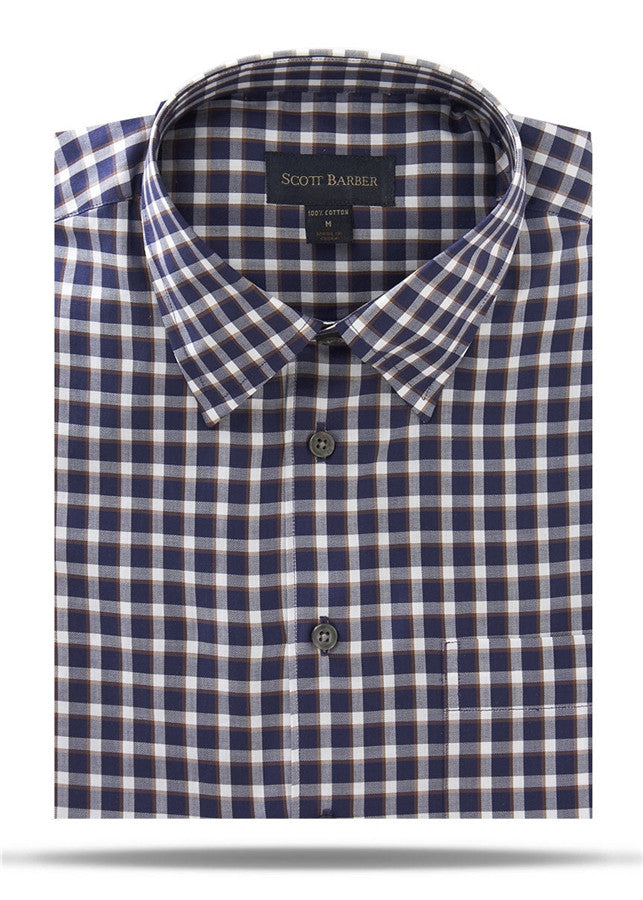 Navy, White & Brown Herringbone Check Sport Shirt