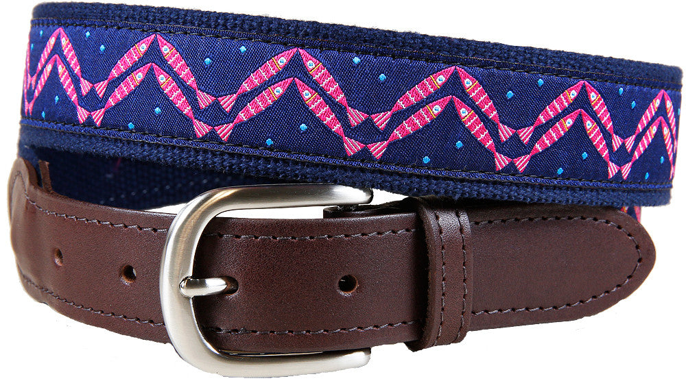 Herringbone Fish (Navy) Leather Tab Belt