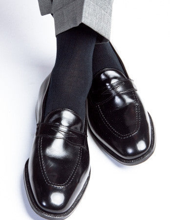 Black Ribbed Sock Fine Merino Wool Linked Toe Mid-Calf