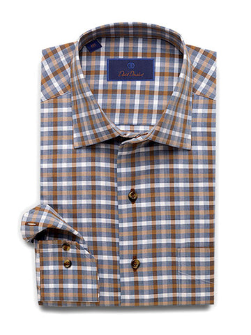 Lightly Brushed Melange Herringbone Check Sport Shirt Blue/Chocolate
