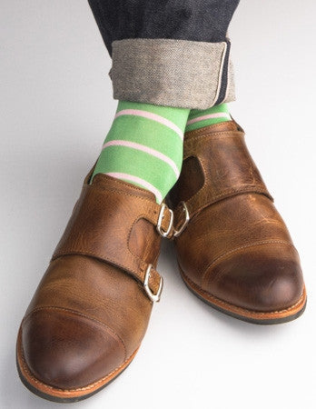 Green Grass with Pink Stripe Sock Linked Toe Mid-Calf