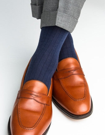 Dress Navy Sock Fine Merino Wool Mid-Calf Linked Toe
