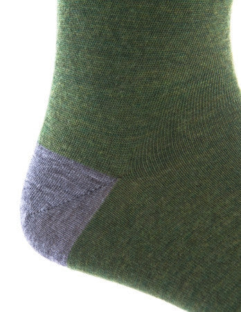 Olive Green Melange Grey Heel and Toe Fine Merino Wool Linked Toe Mid-Calf