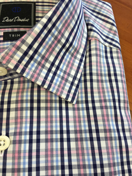 Navy and Pink Plaid Spread Collar Trim Fit
